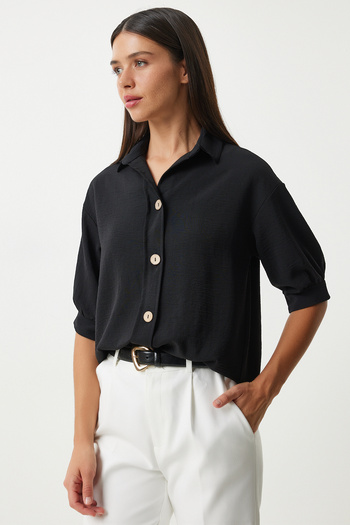 Happiness İstanbul Black Linen Ayrobin Shirt - Balloon Sleeve, Women, DD01321