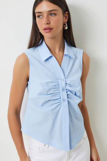 Happiness İstanbul Sky Blue Sleeveless Shirt - Drawstring Detail, UL00030