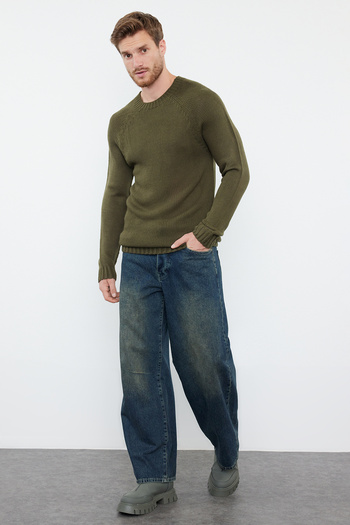 Trendyol Collection Khaki Crew Neck Slim Fit Knitwear Sweater - Raglan Sleeve, Tmnaw25Kz00000