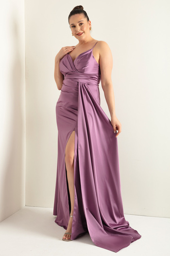 Lafaba Women's Lavender Plus Size Long Satin Evening Dress & Graduation Dress