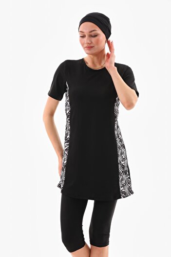 medipek Lycra Half Closed Hijab Swimsuit Black Patterned