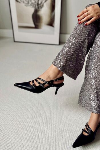 POLKA STORE Obsession Triple Pointed Toe Three-Striped Buckle Black Patent Leather Heeled Women's Shoes