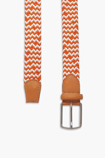 hateko Men's Orange White Genuine Leather Detailed Elastic Knitted Belt