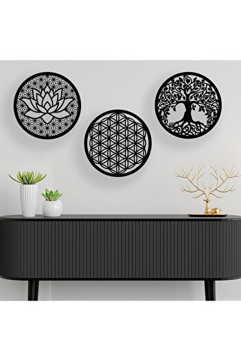 Evinemoda Hayat Ağaçı Yaşam Çiçeği Lotus Çiçeği Anlamlı 3 Parça Duvar Dekor Tablo