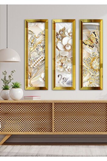 Evinemoda Kelebek Inci Yaprak Gold Pleksi Aynalı 3 Parça Tablo