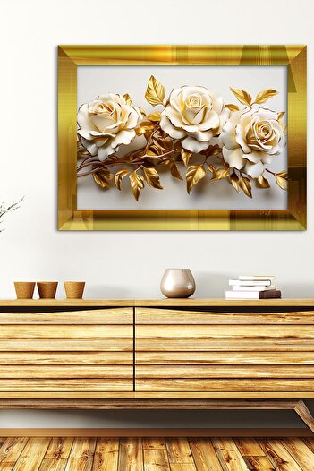 Evinemoda Beyaz Gül Gold Yapraklı Gold Tek Parça Pleksi Tablo