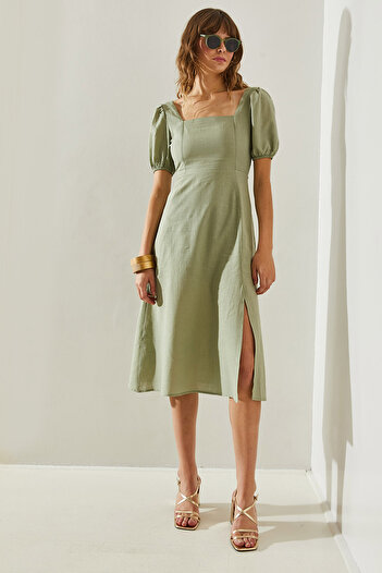 Bianco Lucci Linen Square Collar - Back Tie and Slit Detailed Dress 3517460251398