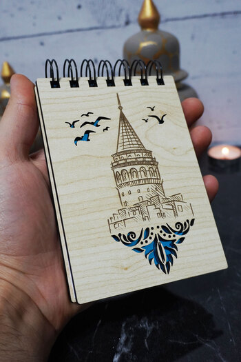 markcat Galata Tower Themed Notebook - Mini Pocket Notebook - My List with Wooden Cover