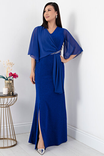 PULLIMM Stone Detailed V-Neck Chiffon Evening Dress - AP-075