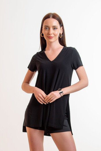 Laranor V-Neck Black Blouse and T-Shirt - Slit Detail