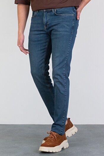 HLT JEANS Erkek Okyanus Mavisi Slim Fit Likralı Esnek Jean Denim Dar Paça Kot Pantolon Hlthe001958