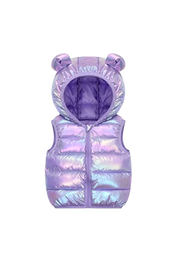 Petityu Shiny Puffy Teddy Eared Pufudik Inflatable Vest Purple Girls' Vest