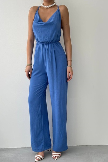bayansepeti Aerobin Fabric - Back Low-cut Long Blue Jumpsuit 124