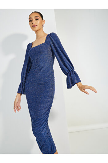 Styli Glitter Look Ruched Detail Bodycon Midi Dress