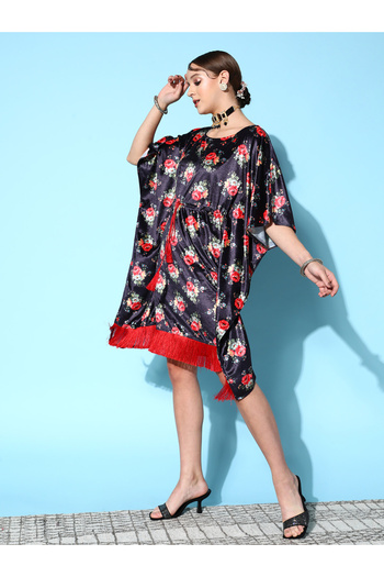 Sassafras By Styli Velvet Floral Print Drawstring Waistband Kaftan Midi Dress