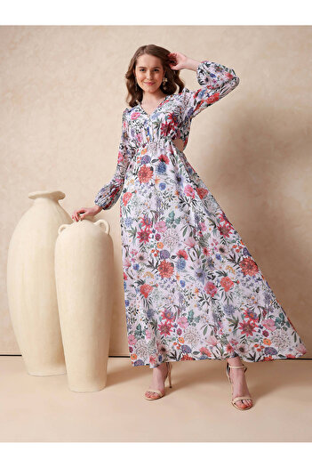 Mish By Styli Side Waist Cut-Out V Neck Maxi Dress