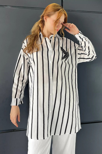 GÜLSELİ Bird Embroidered Striped White and Black Casual Tunic