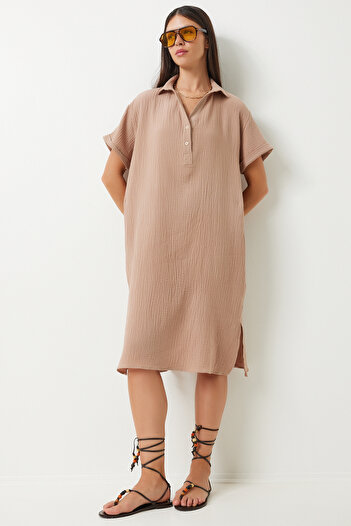 Happiness İstanbul Polo Collar Loose Muslin Γυναικείο Φόρεμα - Καλοκαιρινό Μπισκότο TO00135