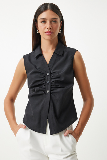 Happiness İstanbul Black Sleeveless Shirt - Drawstring Detail, UL00030