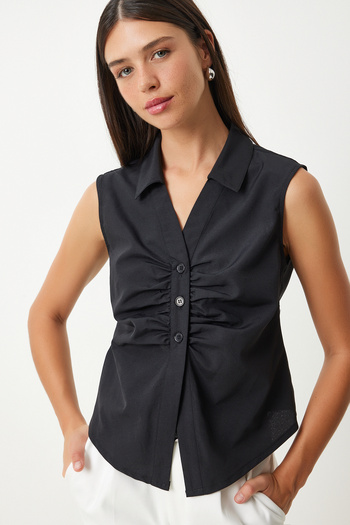 Happiness İstanbul Black Sleeveless Shirt - Drawstring Detail, UL00030
