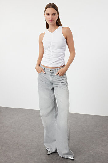 Trendyol Collection Crew Neck Drape Detailed Knitted Blouse - White TWOSS24BZ00466