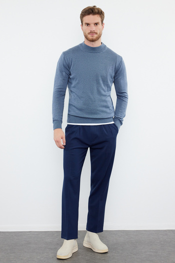 Trendyol Collection Blue Slim Cotton Half Turtleneck Plain Knit Sweater Tmnaw25Kz00001