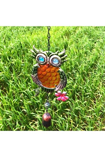 ArtemisSeramik Wrought Iron Colored Bell Turquoise Stoned Owl Wind Chime Garden Balcony Ornament