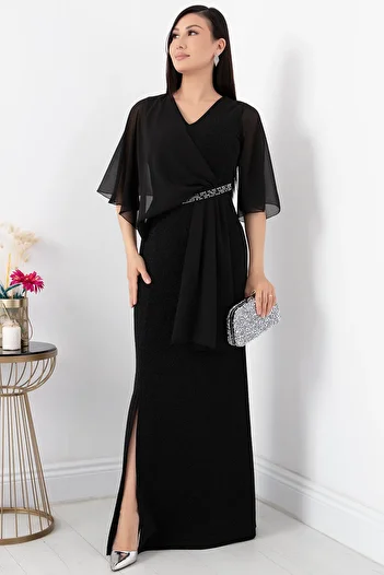 PULLIMM Stone Detailed V-Neck Chiffon Evening Dress - AP-075