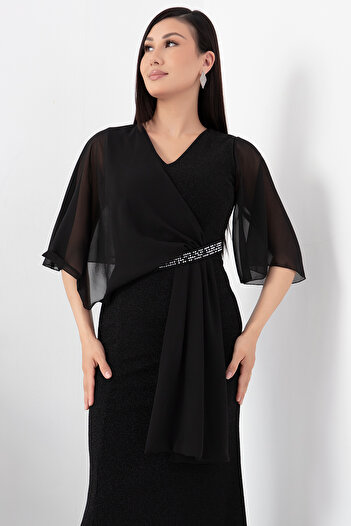 PULLIMM Stone Detailed V-Neck Chiffon Evening Dress - AP-075