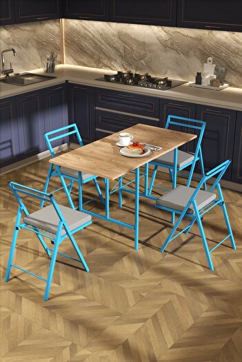 Retodesign 1 Adet Katlanır Mavi Metal Sandalye Minderli Bistro Sandalye 2024m