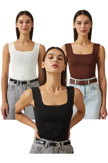 Housess 3-Piece Tank Top and Crop Tank Top Set for Women - Thick Strap, Thin Crop, Square Collar, Knitwear Fabric