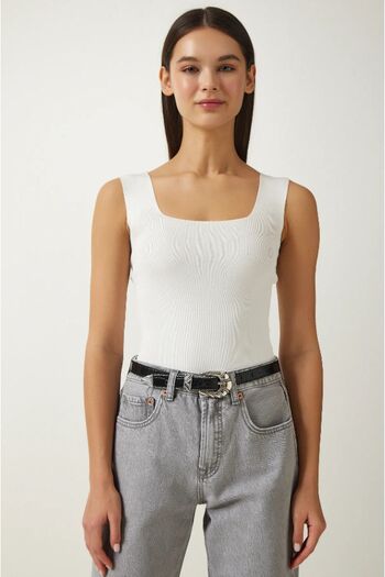 Housess 3-Piece Tank Top and Crop Tank Top Set for Women - Thick Strap, Thin Crop, Square Collar, Knitwear Fabric