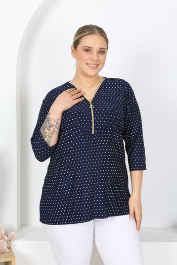 HÜLYA BUTİK WOMEN'S DARK BLUE DOT PATTERN ZIPPERED BLUZ