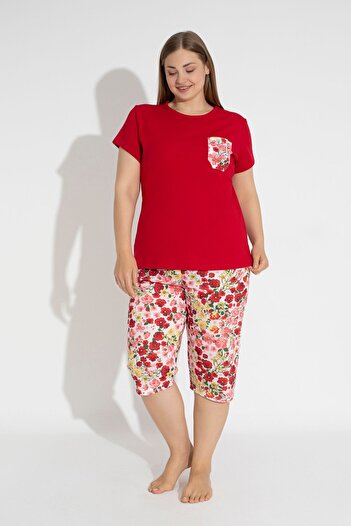 MyBen Red Color Flower Printed Short Sleeve Relaxed Cut Large Size Capri Pajamas Set 30000
