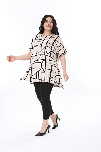 XL Modam Plus Size Beige and Black Geometric Patterned Women's Tunic