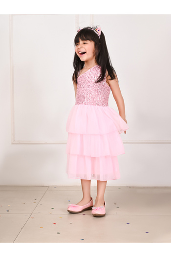 LilPicks By Styli Sequin Detail One Shoulder Neck Mesh Layer Tiered Dress