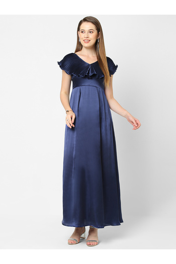 Mish By Styli Solid Satin Maxi Dress with Plisse Cape Neck