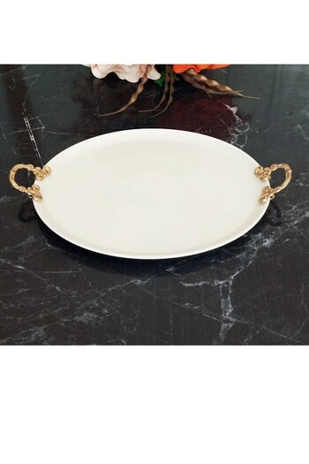 CAŞ DEKORASYON 32 cm Round Porcelain Serving Plate with Handle - Serving Plate