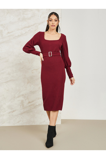 Colorful By Styli Square Neck Belted Knit Midi Dress