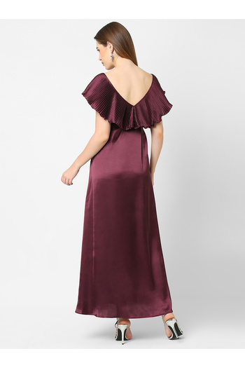 Mish By Styli Satin Plisse V Neck Ruffle Maxi Dress