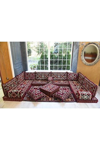 BAKIRÖZÜ HOME Şark Köşesi Takımı Konsepti Bordo Anadolu Modeli Koltuk Takımı Sünger Dahil (18 Parça)