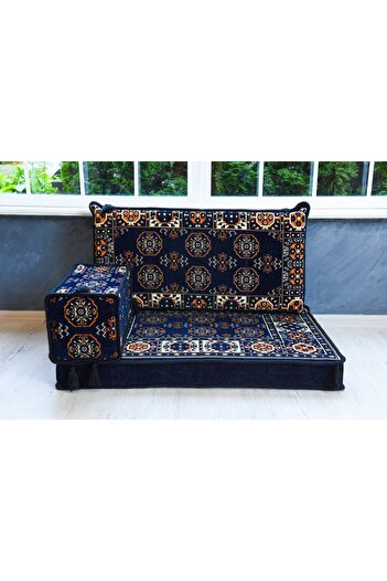 BAKIRÖZÜ HOME Şark Köşesi Takımı , 95 Cm Yer Minderi Takımı (sünger Dahil) Lacivert Buhara Modeli (3 Parça)