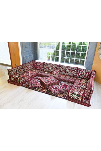 BAKIRÖZÜ HOME Şark Köşesi Takımı Konsepti Bordo Anadolu Modeli Koltuk Takımı Sünger Dahil (18 Parça)