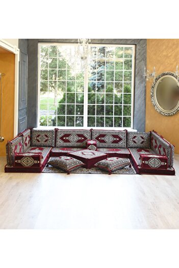 BAKIRÖZÜ HOME Şark Köşesi Takımı Konsepti Saraylı Bordo Modeli Koltuk Takımı Sünger Dahil (18 Parça)