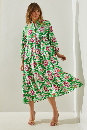 Bianco Lucci Ethnic Patterned Women's Dress - Elastic Sleeve and Button Detail, Model 375460251402