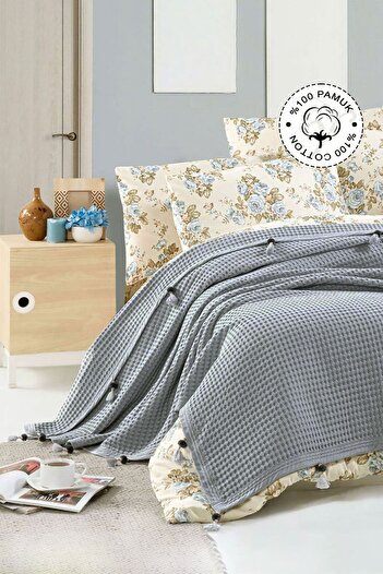 Vionel Home 100% Cotton Double Bedspread Pique, Waffle Pattern Gray Pique with Pompom