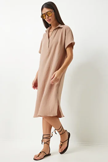 Happiness İstanbul Polo Collar Loose Muslin Γυναικείο Φόρεμα - Καλοκαιρινό Μπισκότο TO00135