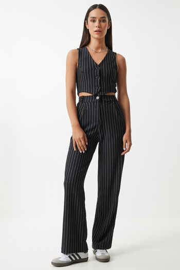 Happiness İstanbul Fekete Pinstripe női kötött mellény és nadrág szett - MC00287