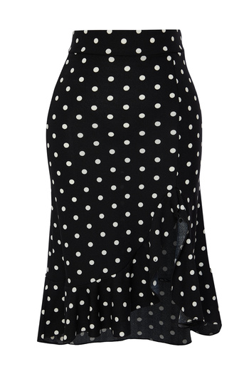 Trendyol Collection Stretchy Black Midi Knitted Skirt - Polka Dot and Ruffle, Slit TWOSS24ET00261