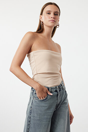 Trendyol Collection Στράπλες κρεπ μπλούζα - Πέτρα Χρώμα, Φερμουάρ στο πλάι, Πλεκτό TWOSS23BZ00928